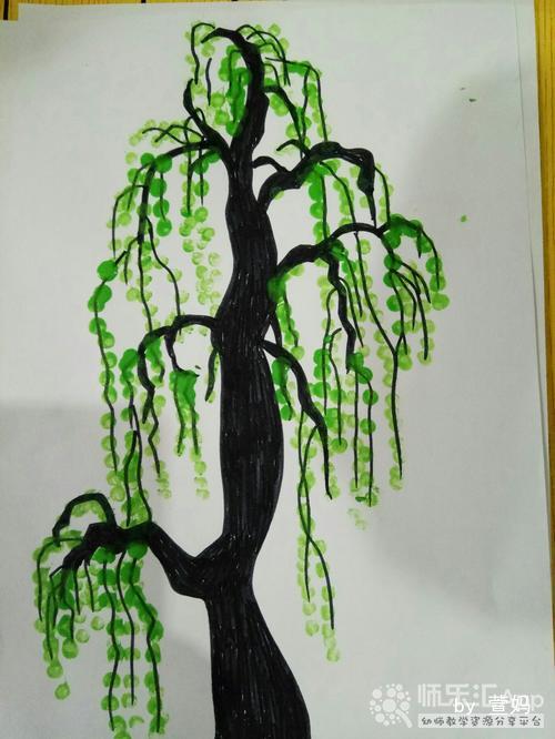 幼儿园水粉水墨画绘画手点画柳树——师乐汇幼儿教师